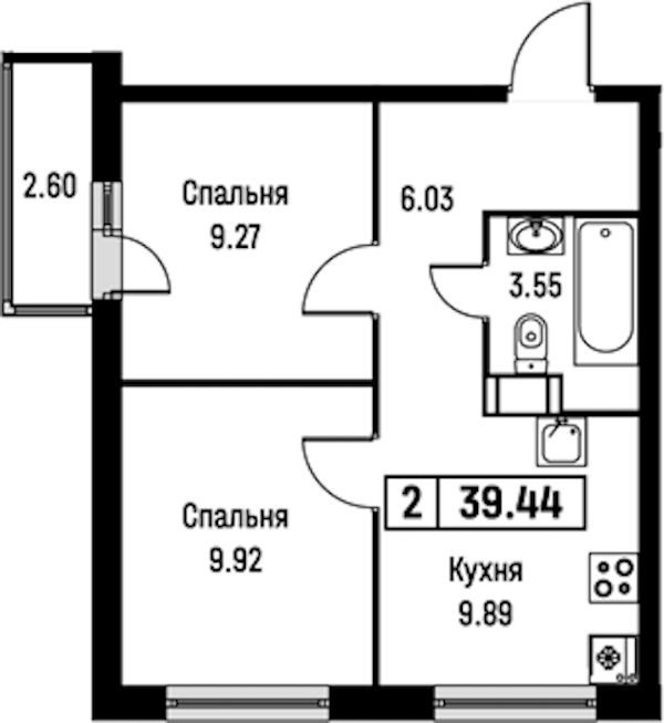 2-комнатная квартира 39.44 м², 16/16 эт., ЖК «Урбанист»
