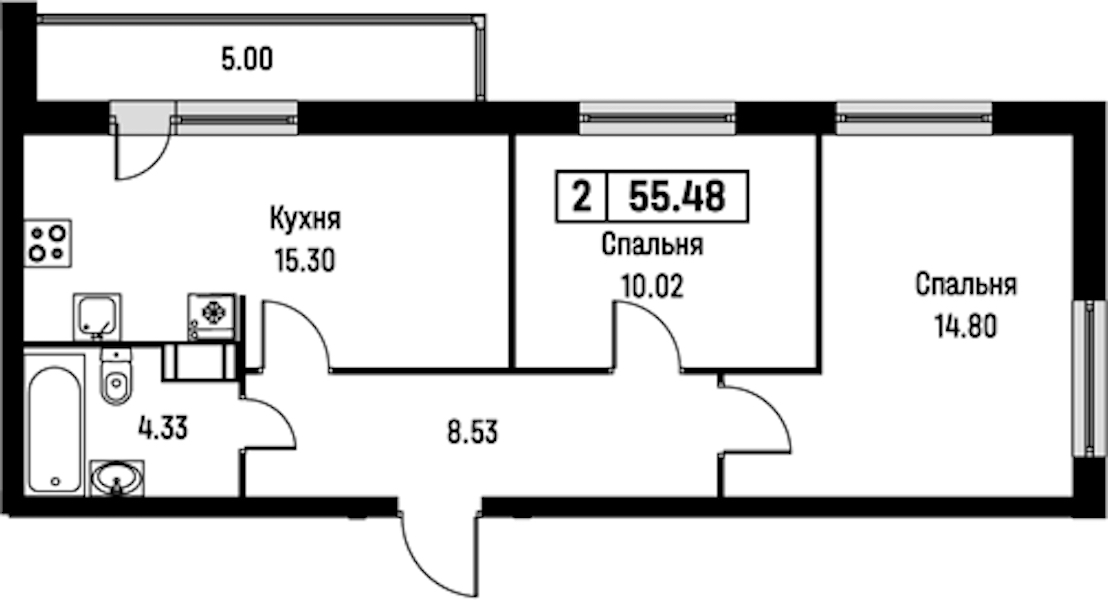 2-комнатная квартира 55.48 м², 3/16 эт., ЖК «Урбанист»