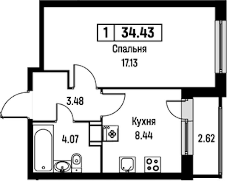 1-комнатная квартира 34.43 м², 3/16 эт., ЖК «Урбанист»