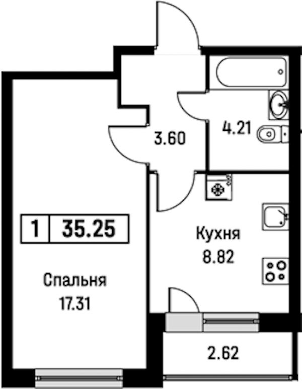 1-комнатная квартира 35.25 м², 2/16 эт., ЖК «Урбанист»