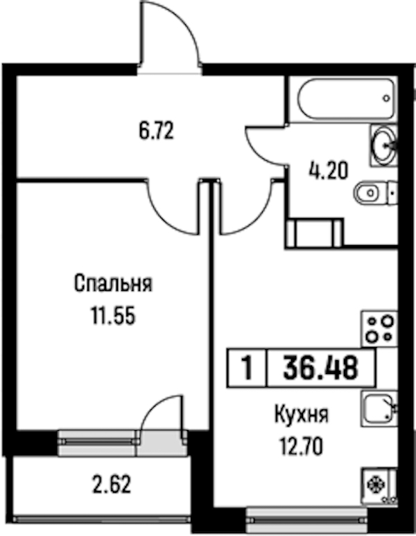 1-комнатная квартира 36.48 м², 4/16 эт., ЖК «Урбанист»