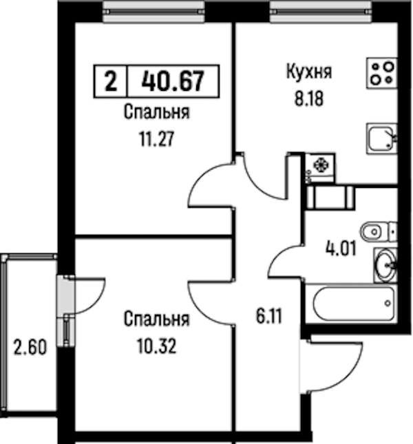 2-комнатная квартира 40.67 м², 4/16 эт., ЖК «Урбанист»