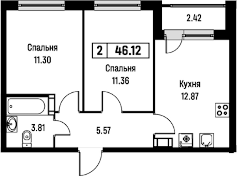 2-комнатная квартира 46.12 м², 4/16 эт., ЖК «Урбанист»
