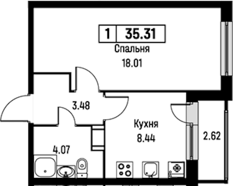 1-комнатная квартира 35.31 м², 4/16 эт., ЖК «Урбанист»