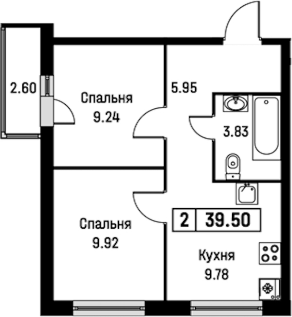 2-комнатная квартира 39.5 м², 2/16 эт., ЖК «Урбанист»