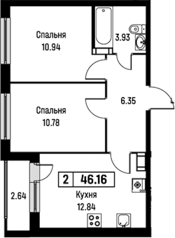 2-комнатная квартира 46.16 м², 4/16 эт., ЖК «Урбанист»