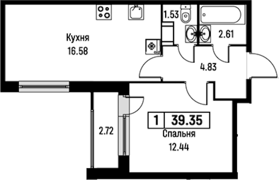 1-комнатная квартира 39.35 м², 4/16 эт., ЖК «Урбанист»