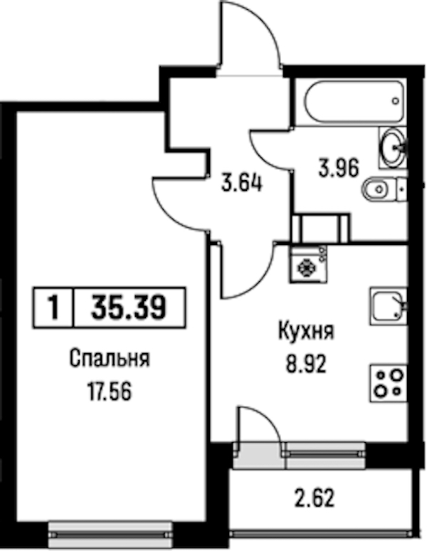 1-комнатная квартира 35.39 м², 5/16 эт., ЖК «Урбанист»
