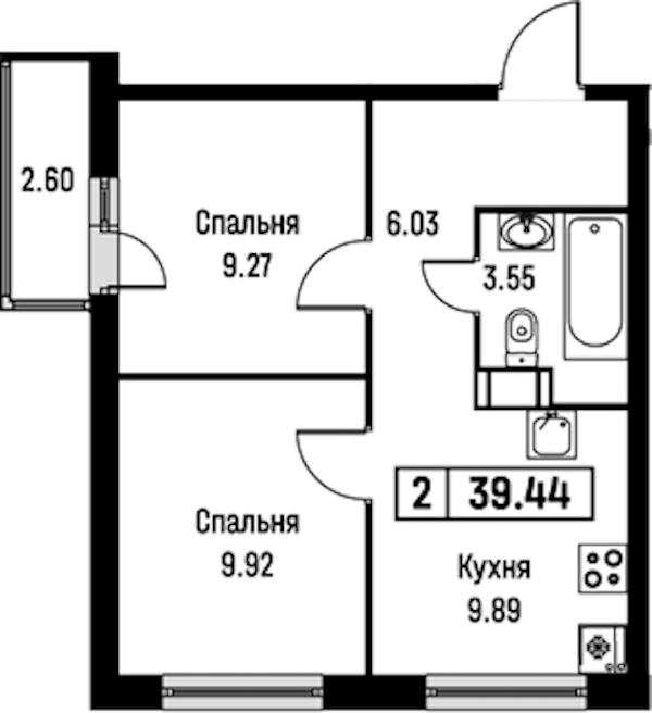 2-комнатная квартира 39.44 м², 5/16 эт., ЖК «Урбанист»