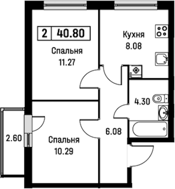 2-комнатная квартира 40.8 м², 2/16 эт., ЖК «Урбанист»