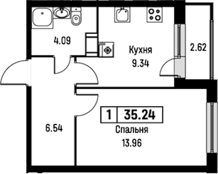 1-комнатная квартира 35.24 м², 5/16 эт., ЖК «Урбанист»