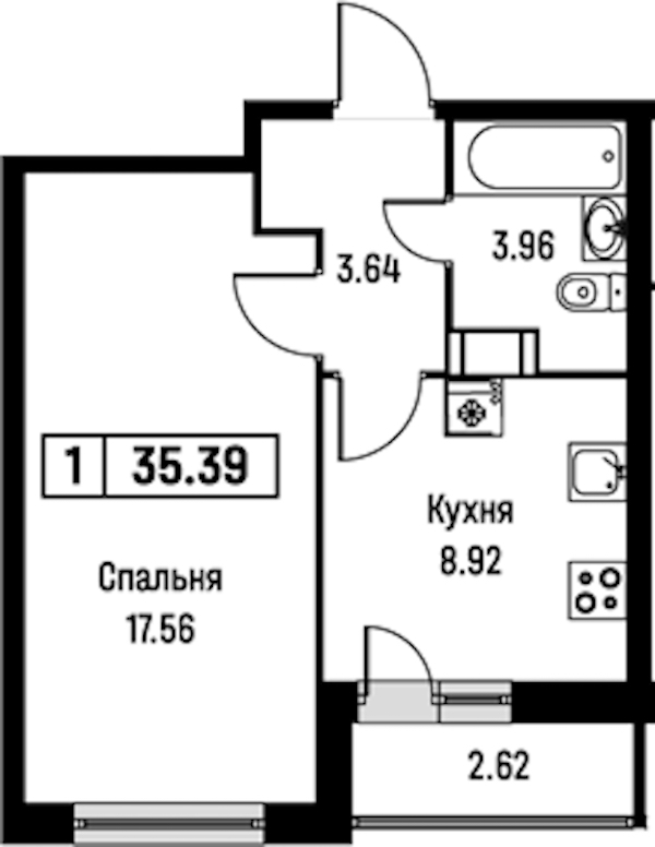 1-комнатная квартира 35.39 м², 6/16 эт., ЖК «Урбанист»