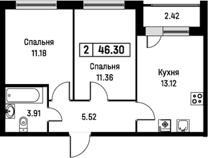 2-комнатная квартира 46.3 м², 2/16 эт., ЖК «Урбанист»