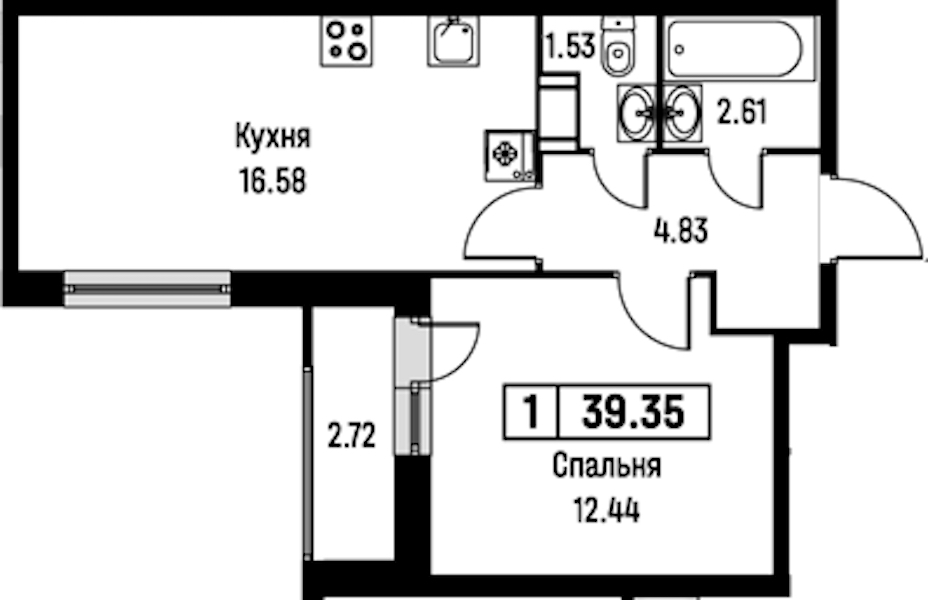 1-комнатная квартира 39.35 м², 6/16 эт., ЖК «Урбанист»