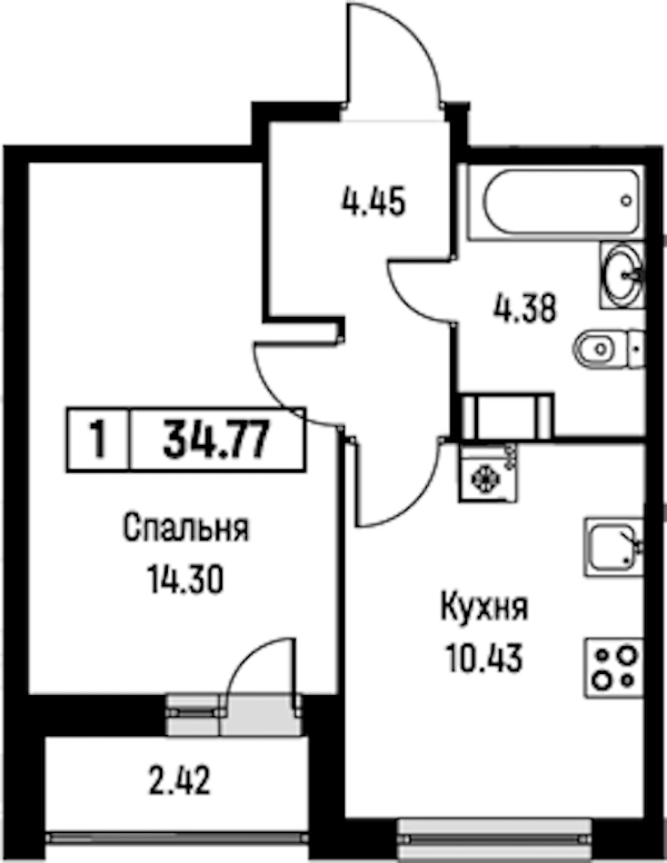 1-комнатная квартира 34.77 м², 7/16 эт., ЖК «Урбанист»