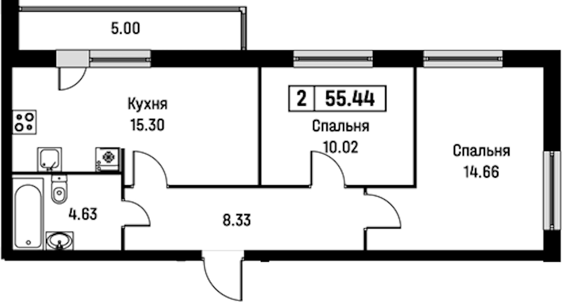 2-комнатная квартира 55.44 м², 2/16 эт., ЖК «Урбанист»