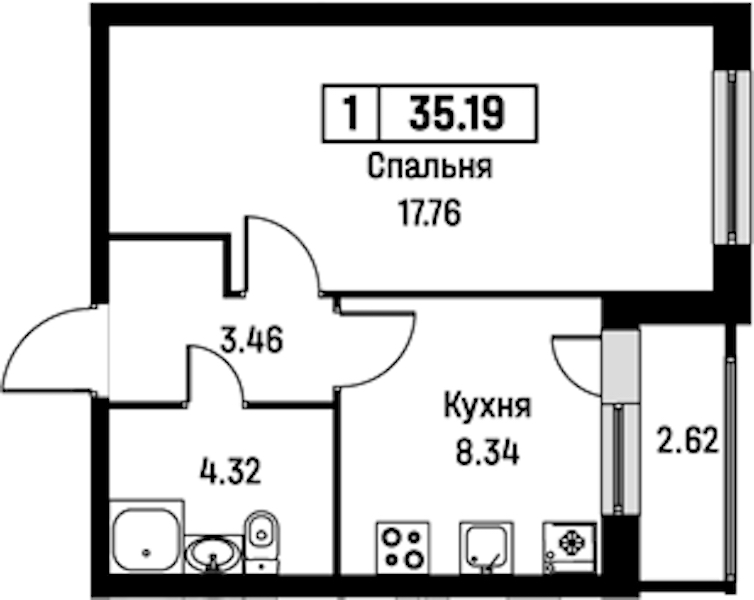 1-комнатная квартира 35.19 м², 2/16 эт., ЖК «Урбанист»