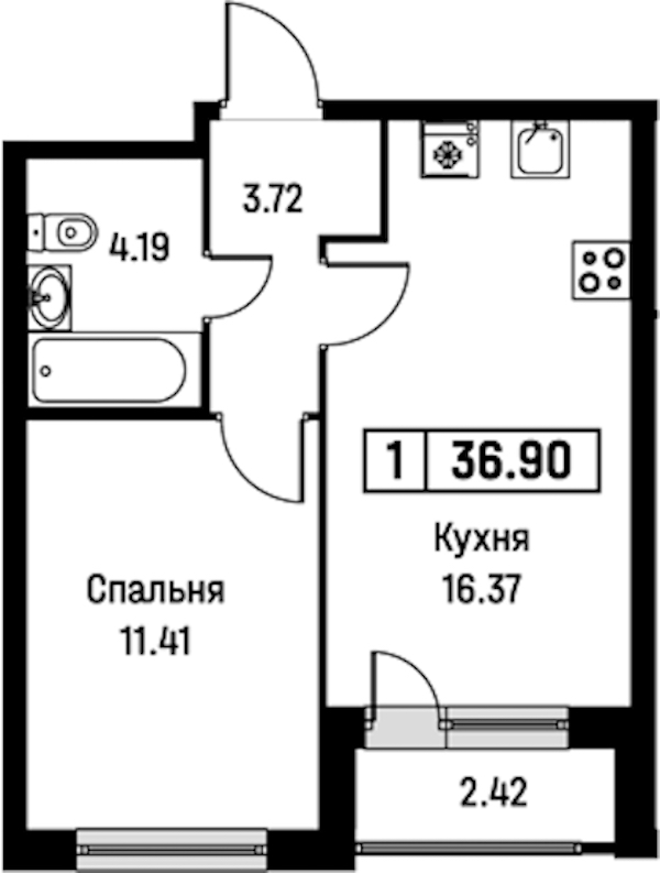 1-комнатная квартира 36.9 м², 2/16 эт., ЖК «Урбанист»