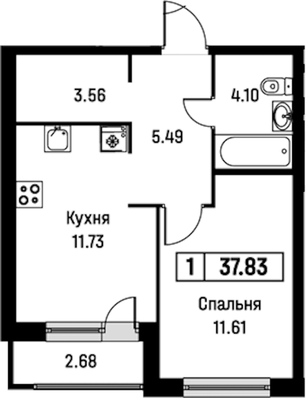 1-комнатная квартира 37.83 м², 2/16 эт., ЖК «Урбанист»