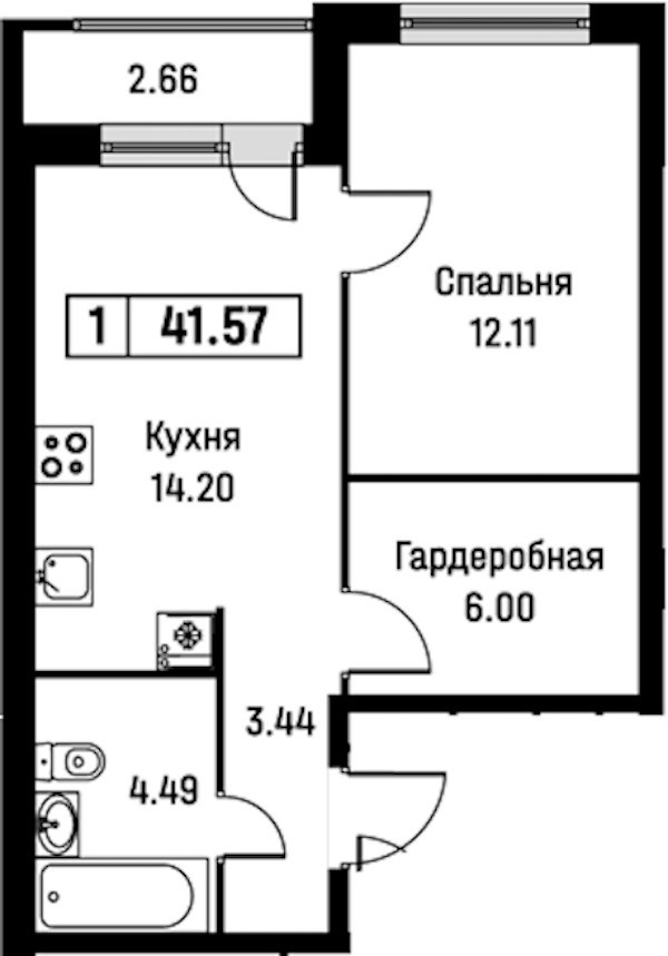 1-комнатная квартира 41.57 м², 2/16 эт., ЖК «Урбанист»