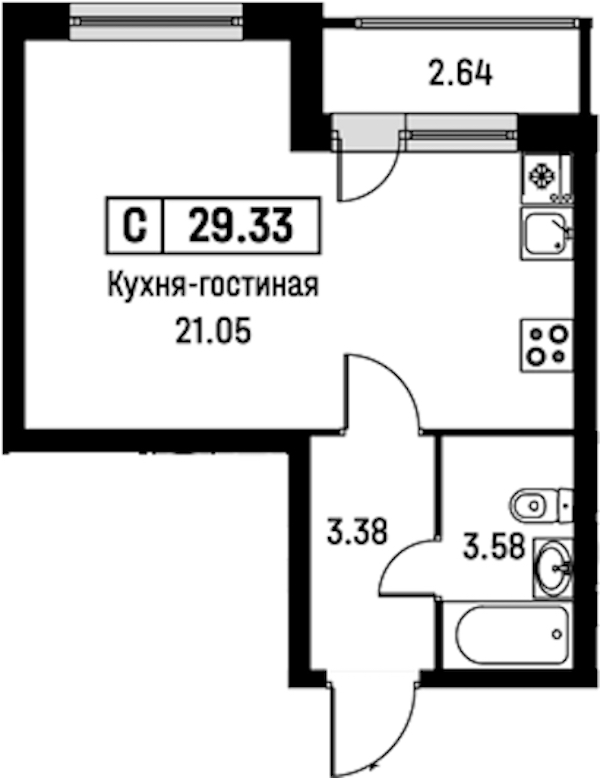 Квартира студия 29.33 м², 2/16 эт., ЖК «Урбанист»