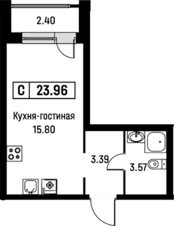Квартира студия 23.96 м², 2/16 эт., ЖК «Урбанист»