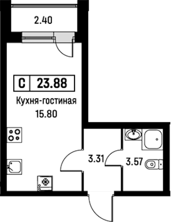 Квартира студия 23.88 м², 2/16 эт., ЖК «Урбанист»