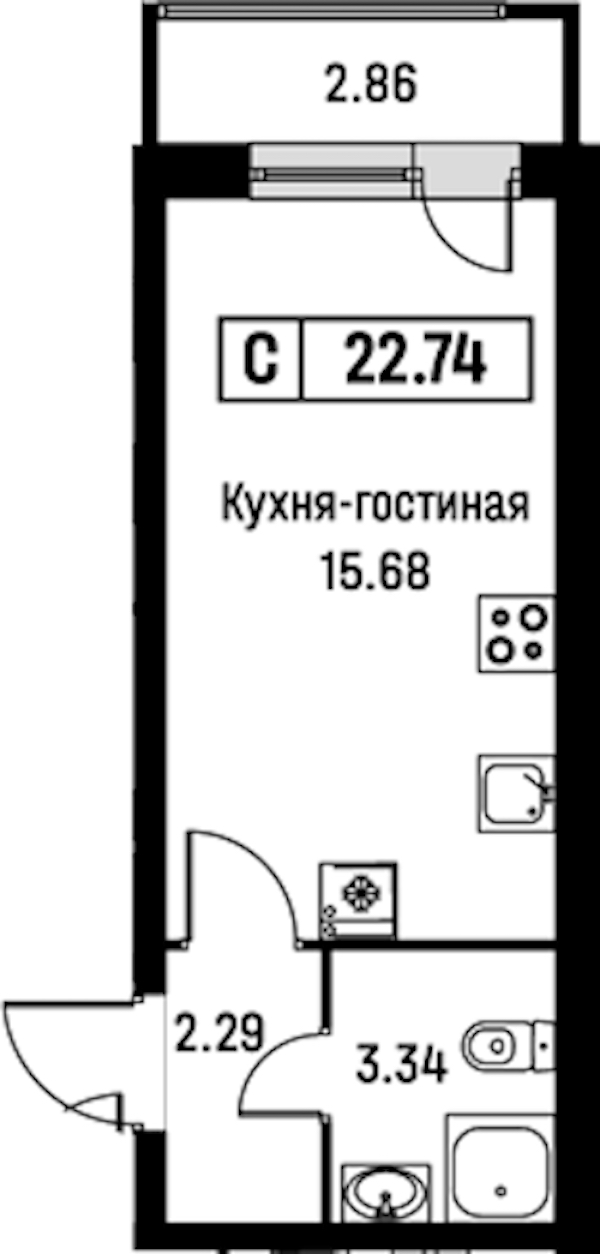 Квартира студия 22.74 м², 2/16 эт., ЖК «Урбанист»