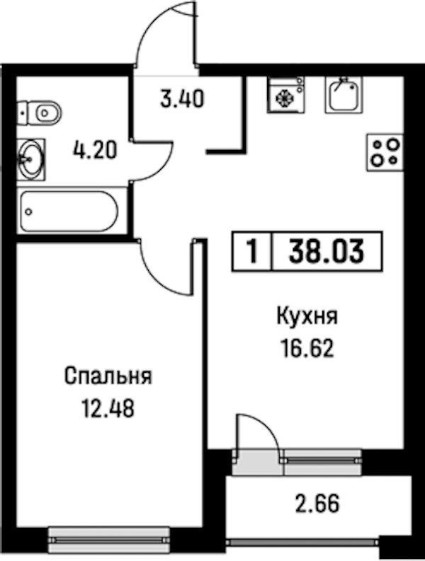1-комнатная квартира 38.03 м², 2/16 эт., ЖК «Урбанист»