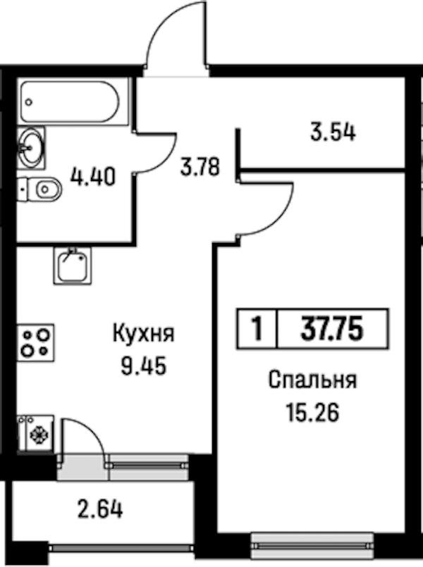 1-комнатная квартира 37.75 м², 2/16 эт., ЖК «Урбанист»
