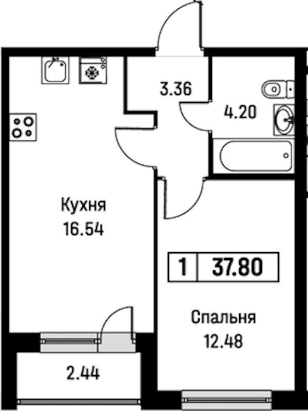 1-комнатная квартира 37.8 м², 2/16 эт., ЖК «Урбанист»