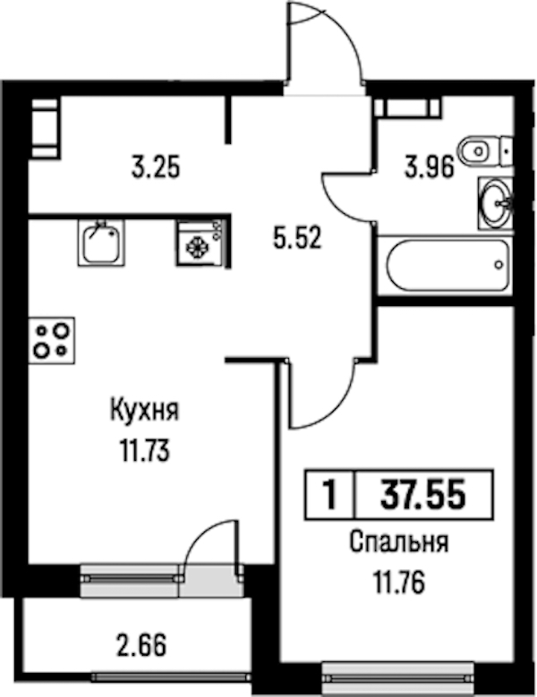 1-комнатная квартира 37.55 м², 3/16 эт., ЖК «Урбанист»
