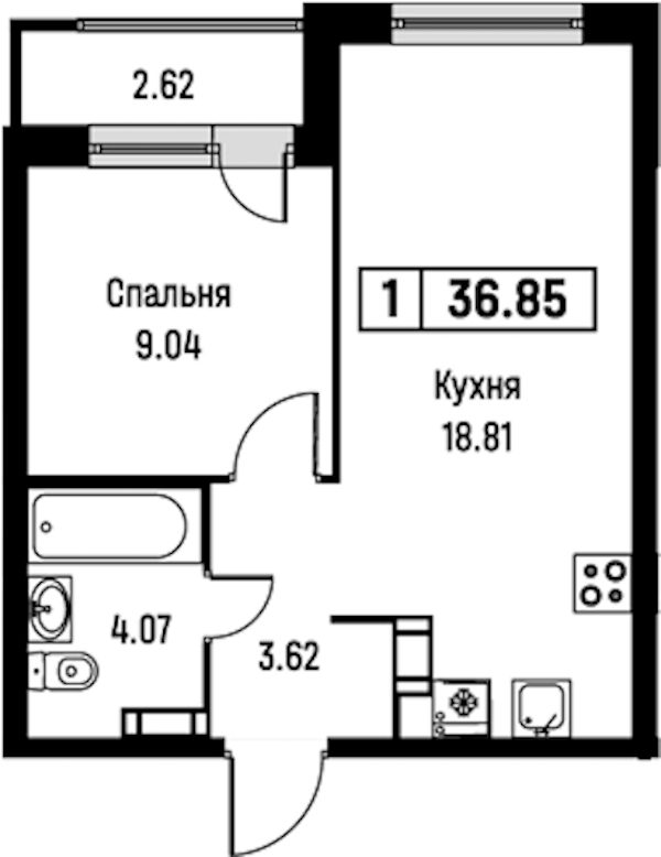 1-комнатная квартира 36.85 м², 3/16 эт., ЖК «Урбанист»