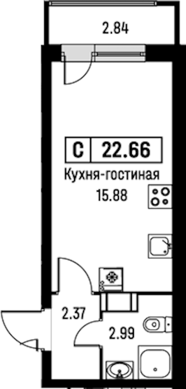 Квартира студия 22.66 м², 3/16 эт., ЖК «Урбанист»