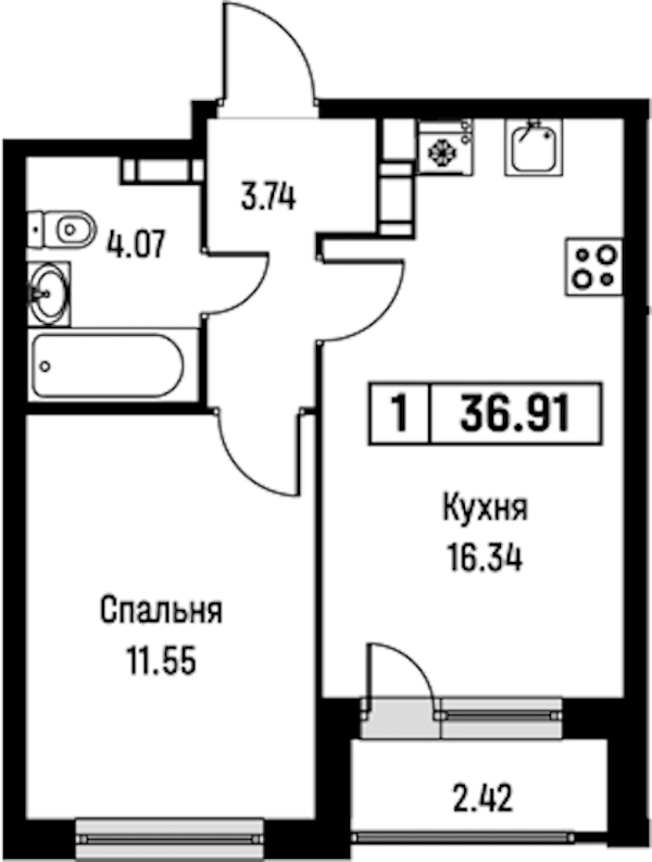 1-комнатная квартира 36.91 м², 4/16 эт., ЖК «Урбанист»