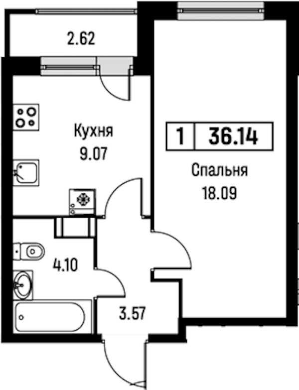 1-комнатная квартира 36.14 м², 4/16 эт., ЖК «Урбанист»