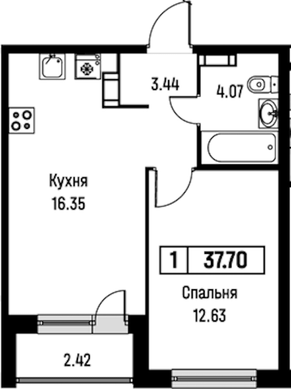 1-комнатная квартира 37.7 м², 4/16 эт., ЖК «Урбанист»