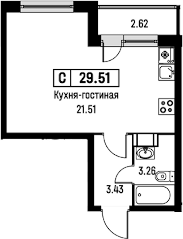 Квартира студия 29.51 м², 5/16 эт., ЖК «Урбанист»