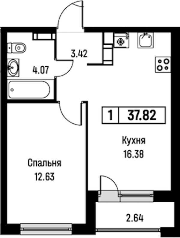 1-комнатная квартира 37.82 м², 5/16 эт., ЖК «Урбанист»
