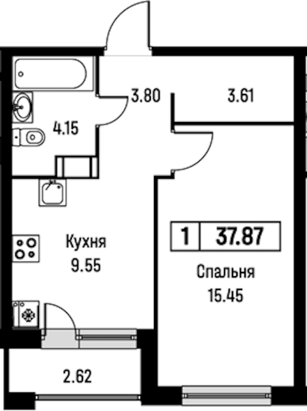 1-комнатная квартира 37.87 м², 5/16 эт., ЖК «Урбанист»