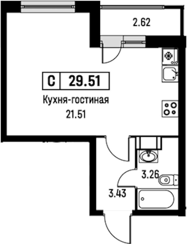 Квартира студия 29.51 м², 7/16 эт., ЖК «Урбанист»