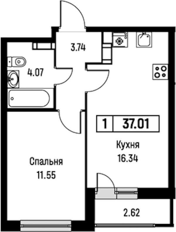 1-комнатная квартира 37.01 м², 8/16 эт., ЖК «Урбанист»