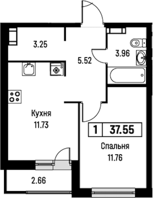 1-комнатная квартира 37.55 м², 9/16 эт., ЖК «Урбанист»