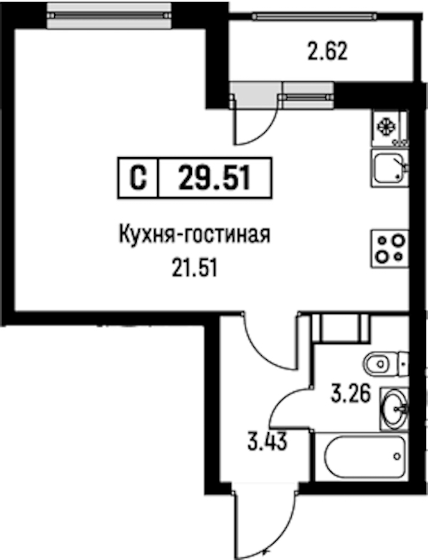 Квартира студия 29.51 м², 9/16 эт., ЖК «Урбанист»