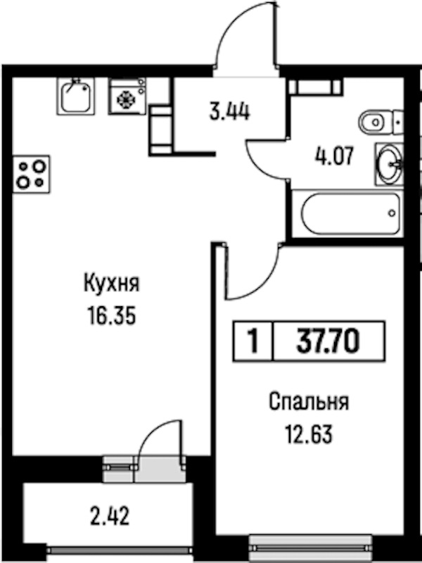 1-комнатная квартира 37.7 м², 10/16 эт., ЖК «Урбанист»