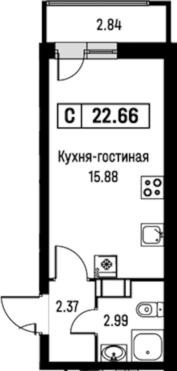 Квартира студия 22.66 м², 11/16 эт., ЖК «Урбанист»