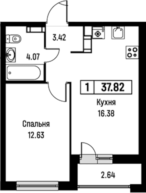 1-комнатная квартира 37.82 м², 11/16 эт., ЖК «Урбанист»