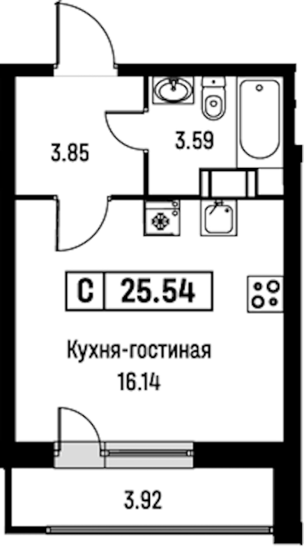 Квартира студия 25.54 м², 14/16 эт., ЖК «Урбанист»