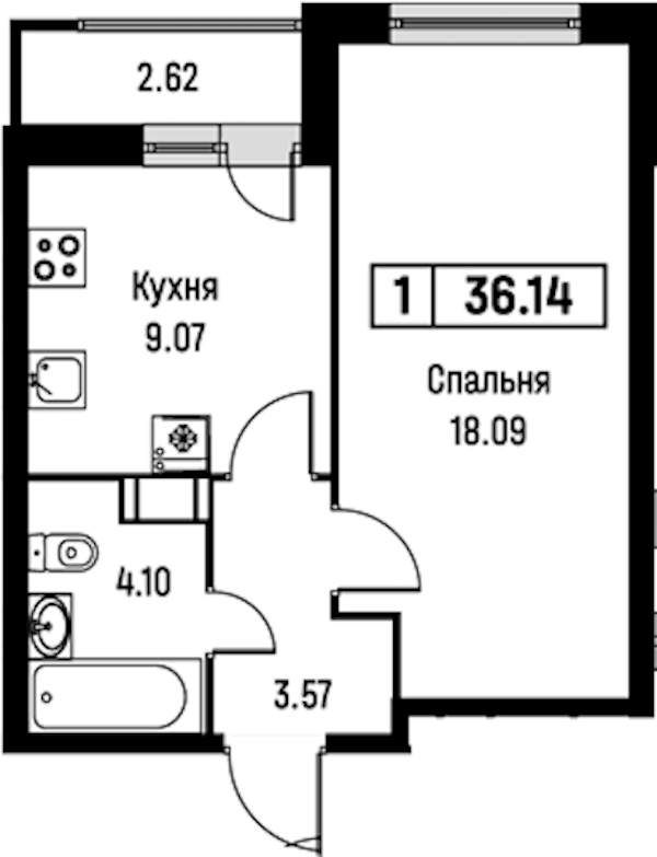 1-комнатная квартира 36.14 м², 14/16 эт., ЖК «Урбанист»