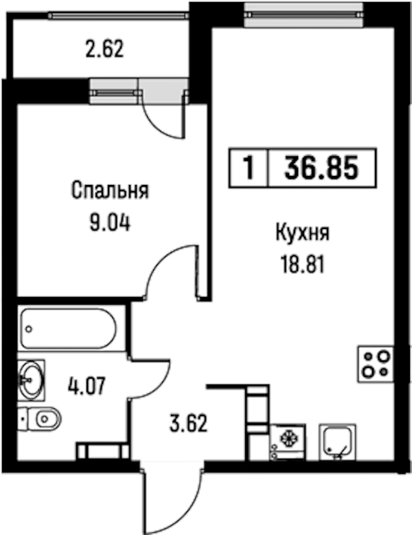 1-комнатная квартира 36.85 м², 16/16 эт., ЖК «Урбанист»